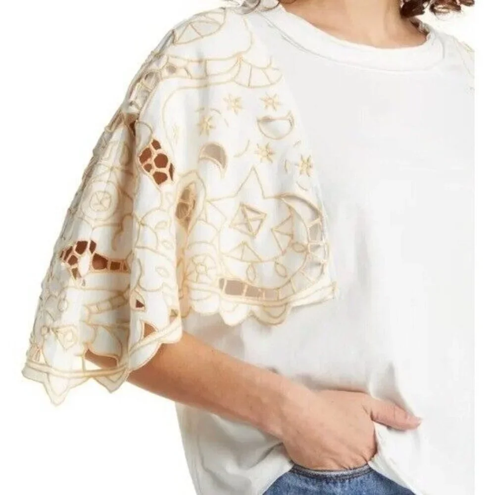 Free People Angel Embroidered Flutter Sleeve Cotton T-Shirt White - XS - Picture 2 of 12